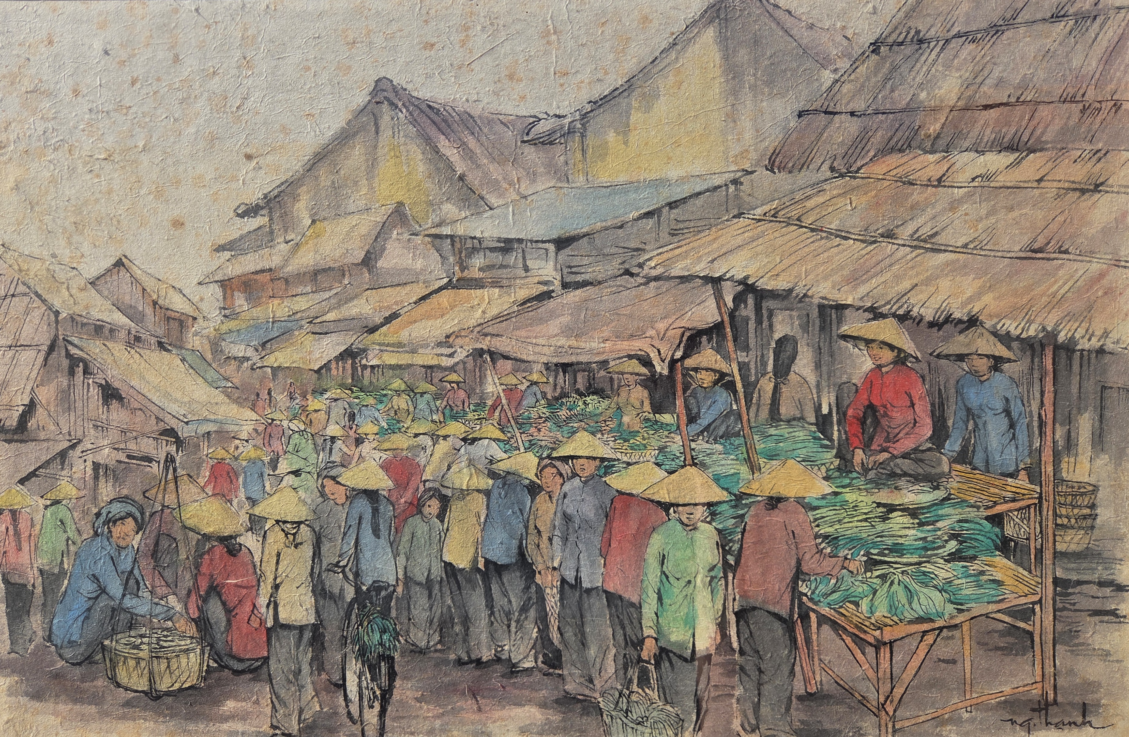 Scène de marché au Vietnam par Nguyen Van Thanh, école vietnamienne du XXe siècle, expertisée par Maison Lietot